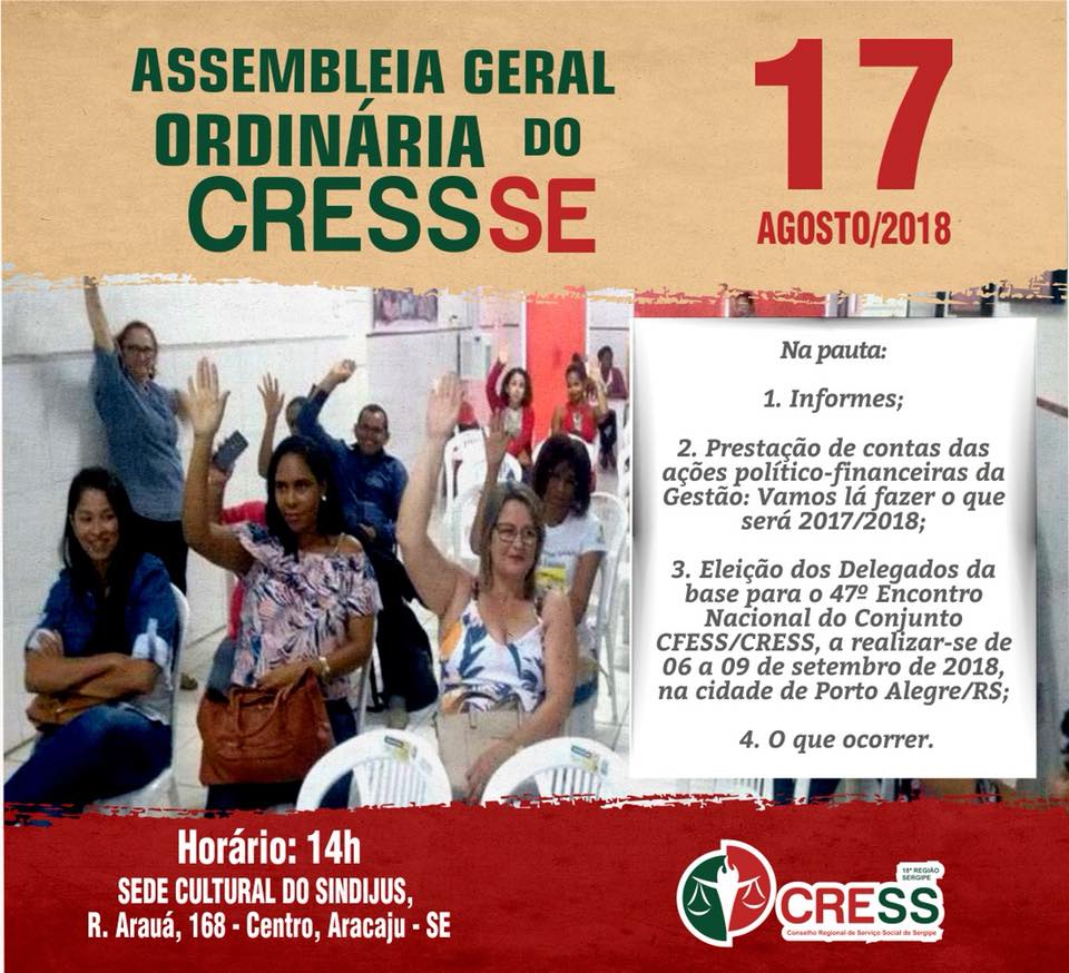 Assembleia geral do CRESS Sergipe reúne Assistentes sociais nesta sexta