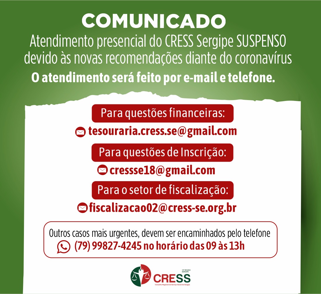 CRESS Sergipe suspende atendimento presencial devido à pandemia do Coronavírus