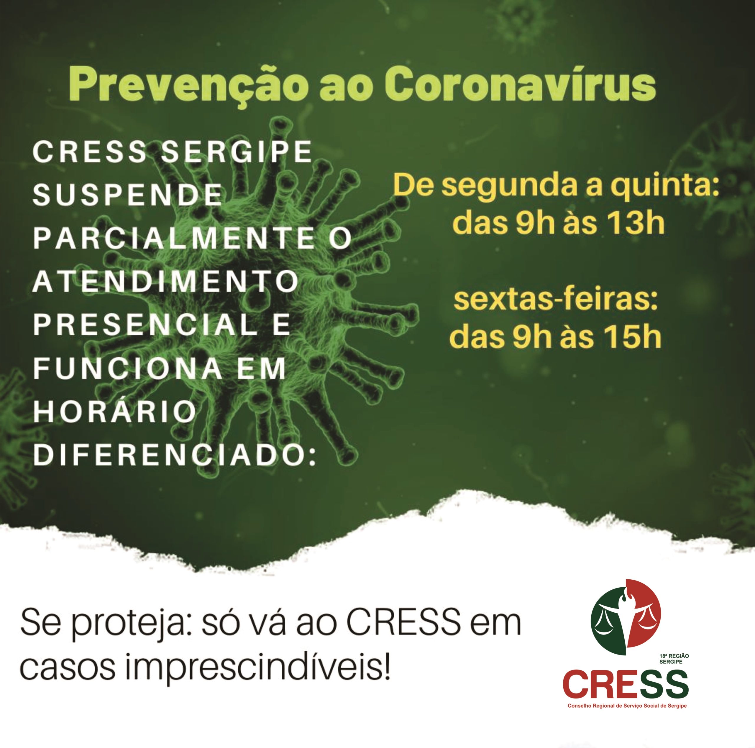 CRESS Sergipe modifica horário de funcionamento devido à pandemia do Coronavírus