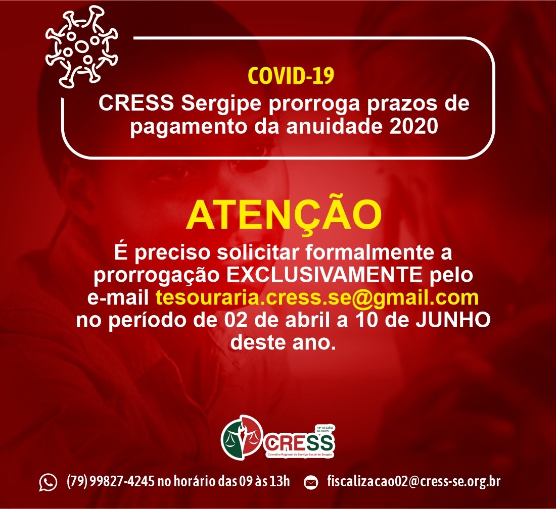 COVID-19: CRESS Sergipe prorroga prazos de pagamento da anuidade 2020