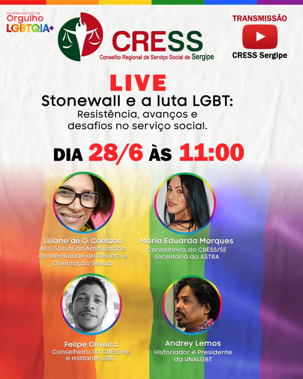 Dia do Orgulho LGBTQIA+: CRESS Sergipe promoverá live sobre a luta LGBT e os desafios no Serviço Social