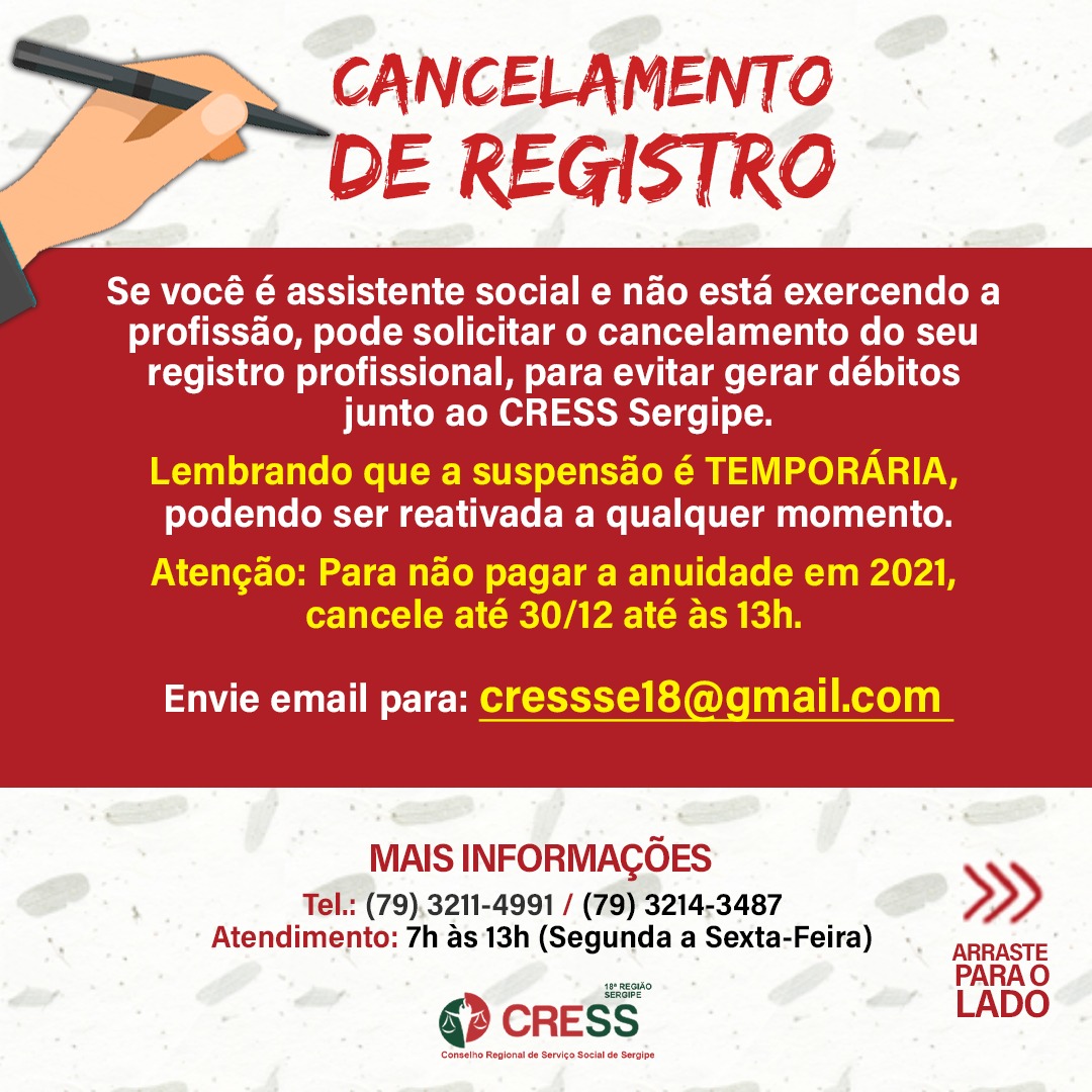 CRESS-SE reforça cancelamento de registro para quem não exerce a profissão