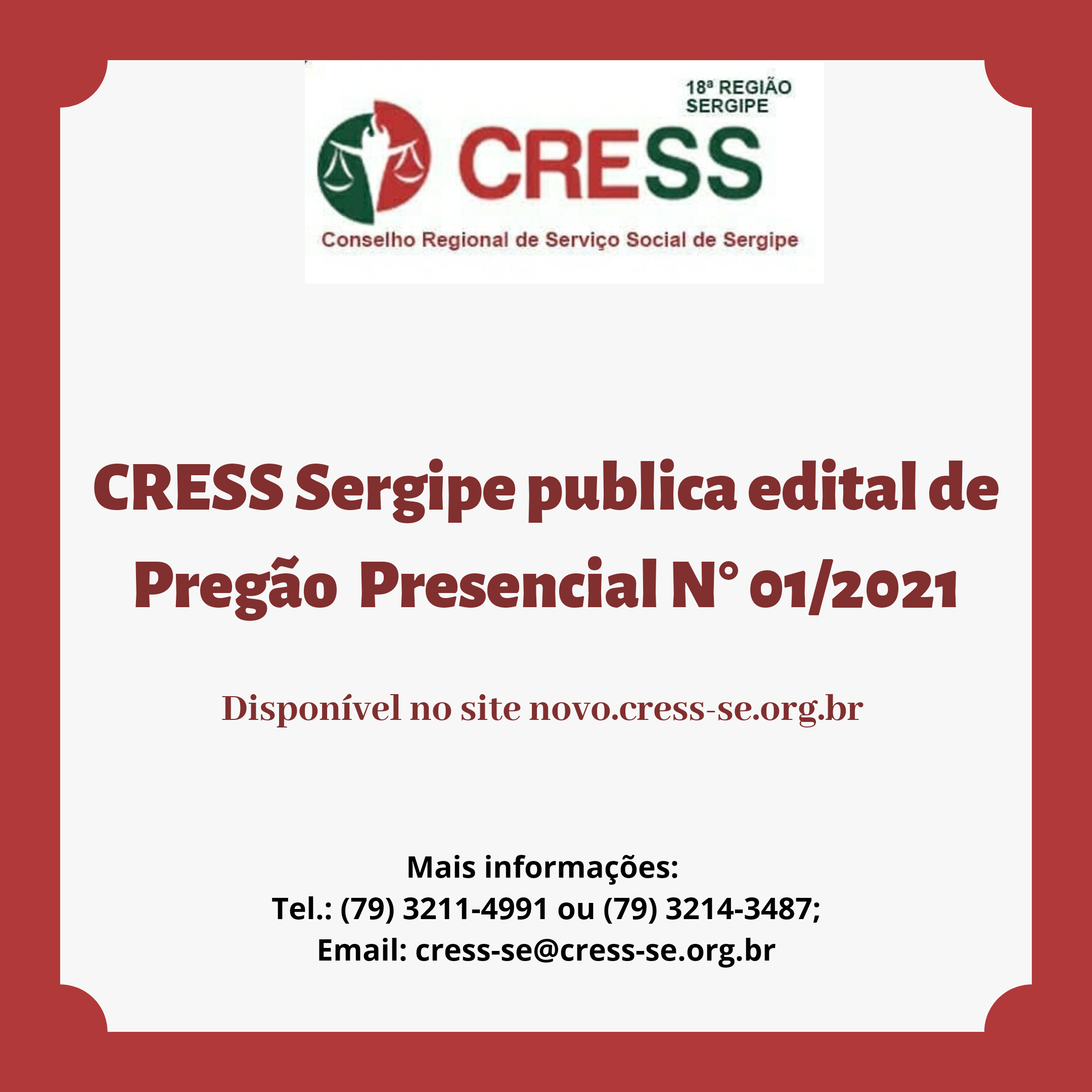 CRESS-SE publica edital do Pregão presencial N° 01/2021