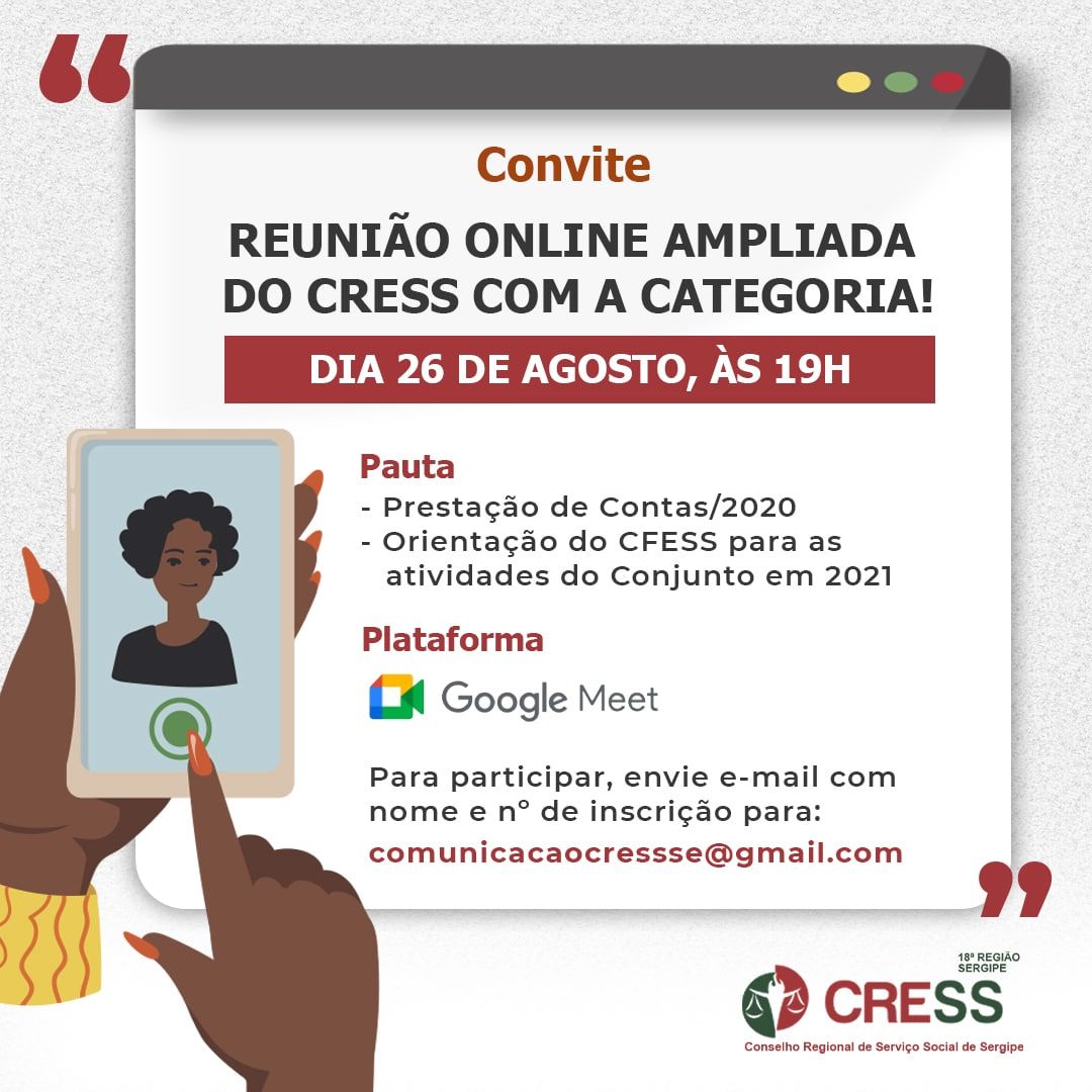 CONVITE – REUNIÃO ONLINE AMPLIADA DO CRESS-SE COM A CATEGORIA