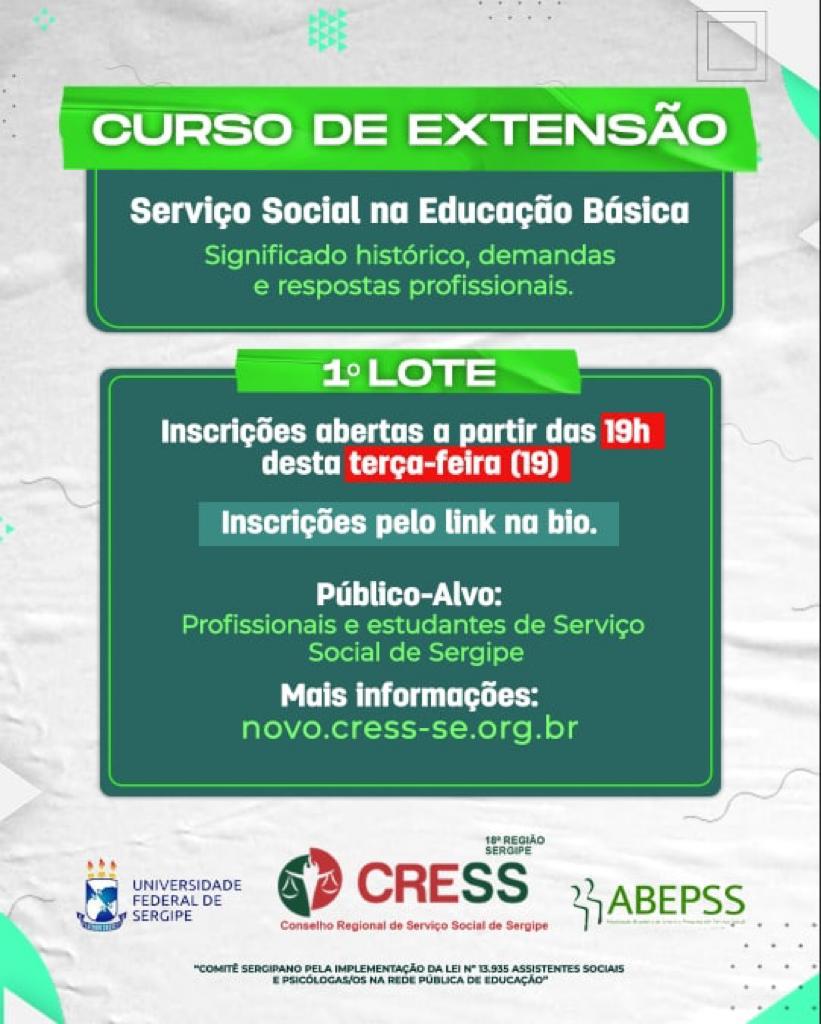 CRESS-SE abre inscrições para “Curso de Extensão: Serviço Social na Educação Básica” nesta terça (19)