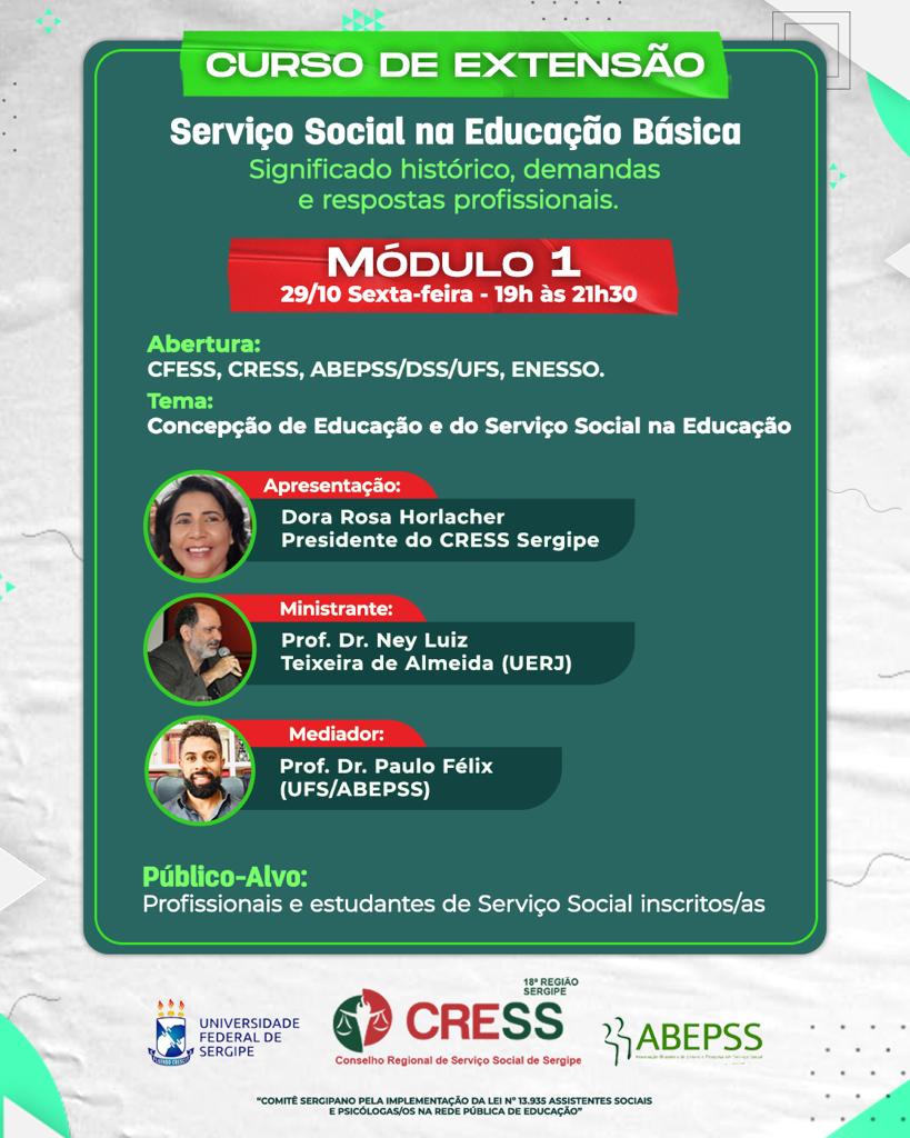 CRESS-SE inicia 1º módulo do “Curso de Extensão: Serviço Social na Educação Básica” nesta sexta (29)