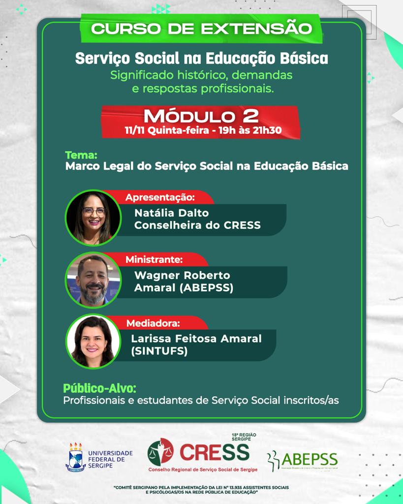CRESS-SE realiza o 2º módulo do “Curso de Extensão: Serviço Social na Educação Básica” nesta quinta (11)