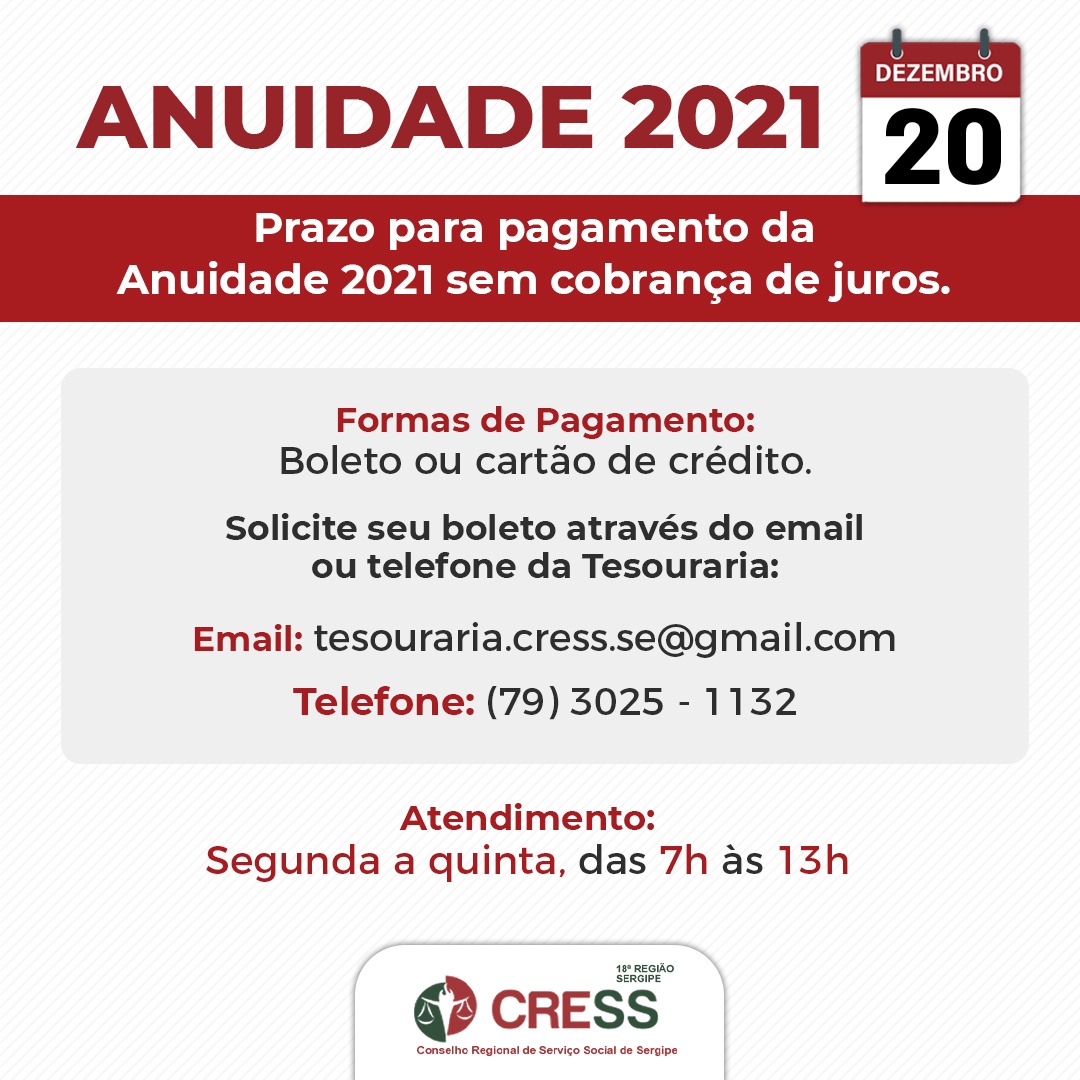CRESS-SE comunica prazo para pagar ANUIDADE 2021 sem juros