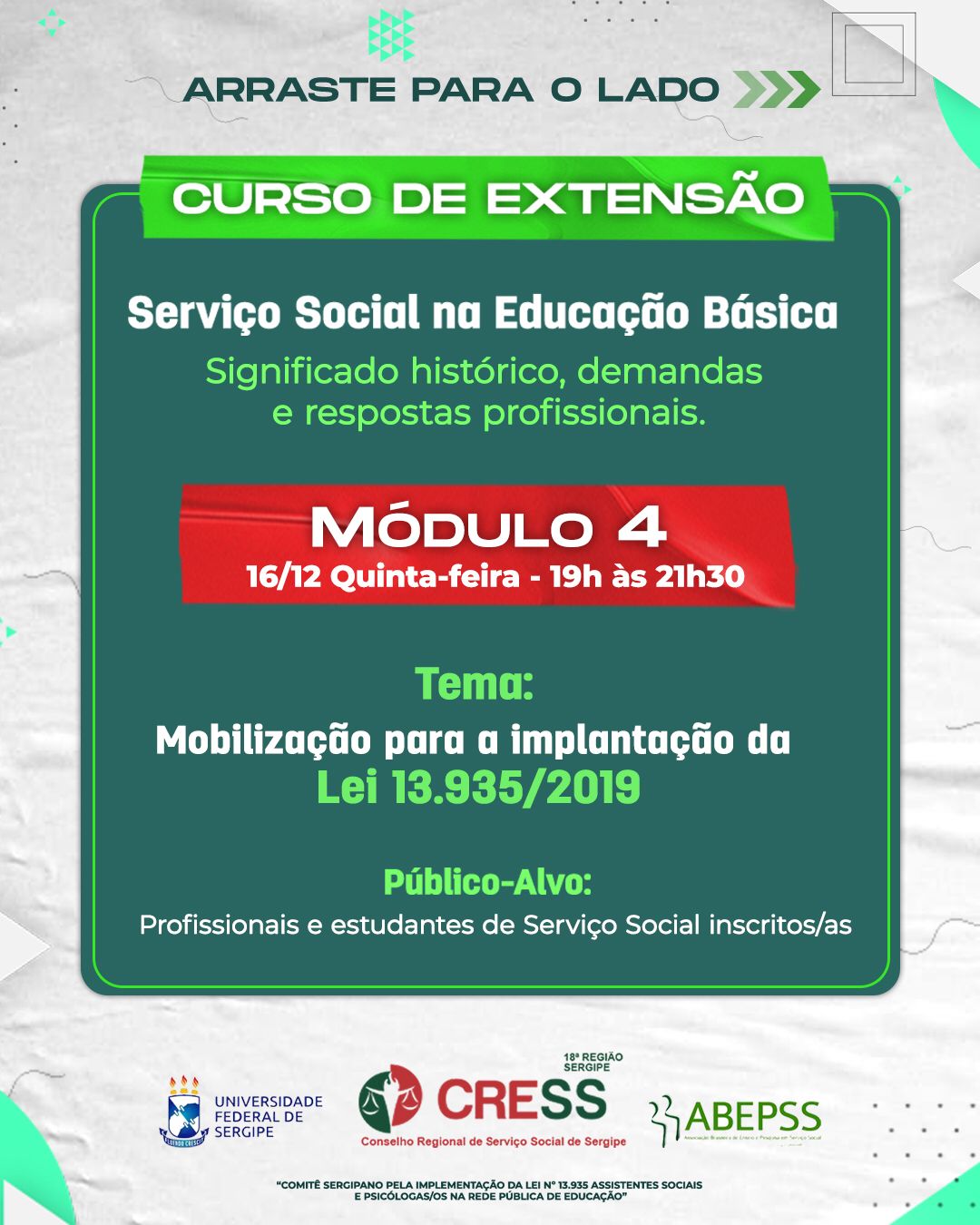 CRESS-SE realiza 4º módulo do “Curso Serviço Social na Educação Básica” nesta quinta (16)