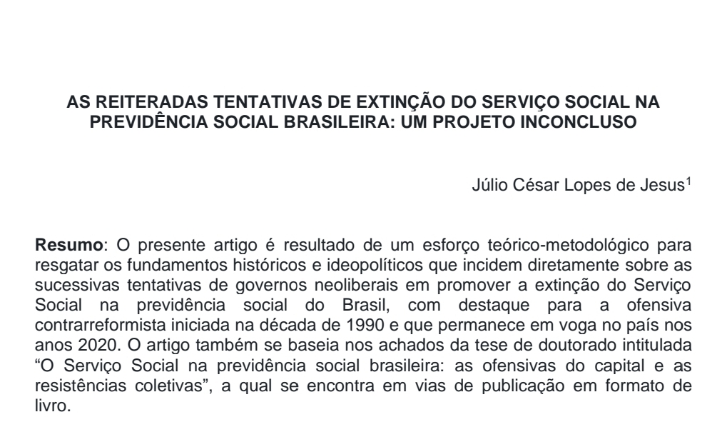 Artigo: As reiteradas tentativas de extinção do Serviço Social na Previdência Social Brasileira: Um Projeto Inconcluso