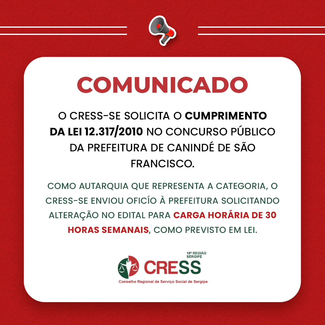 Comunicado: CRESS Sergipe solicita cumprimento da Lei das 30h em Concurso Público