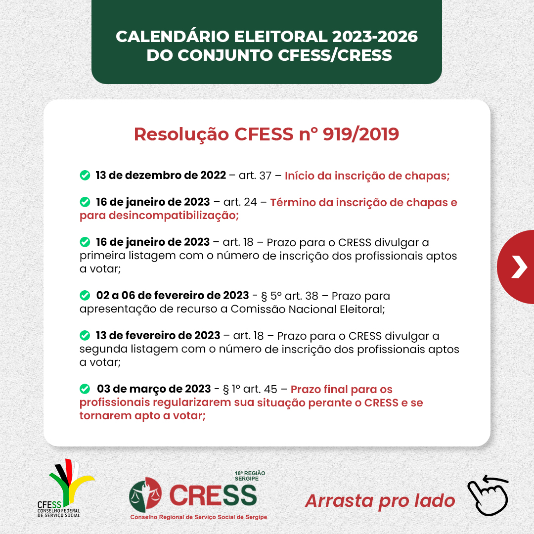 CRESS-SE divulga Calendário das Eleições do Conjunto CFESS-CRESS para o triênio 2023-2026