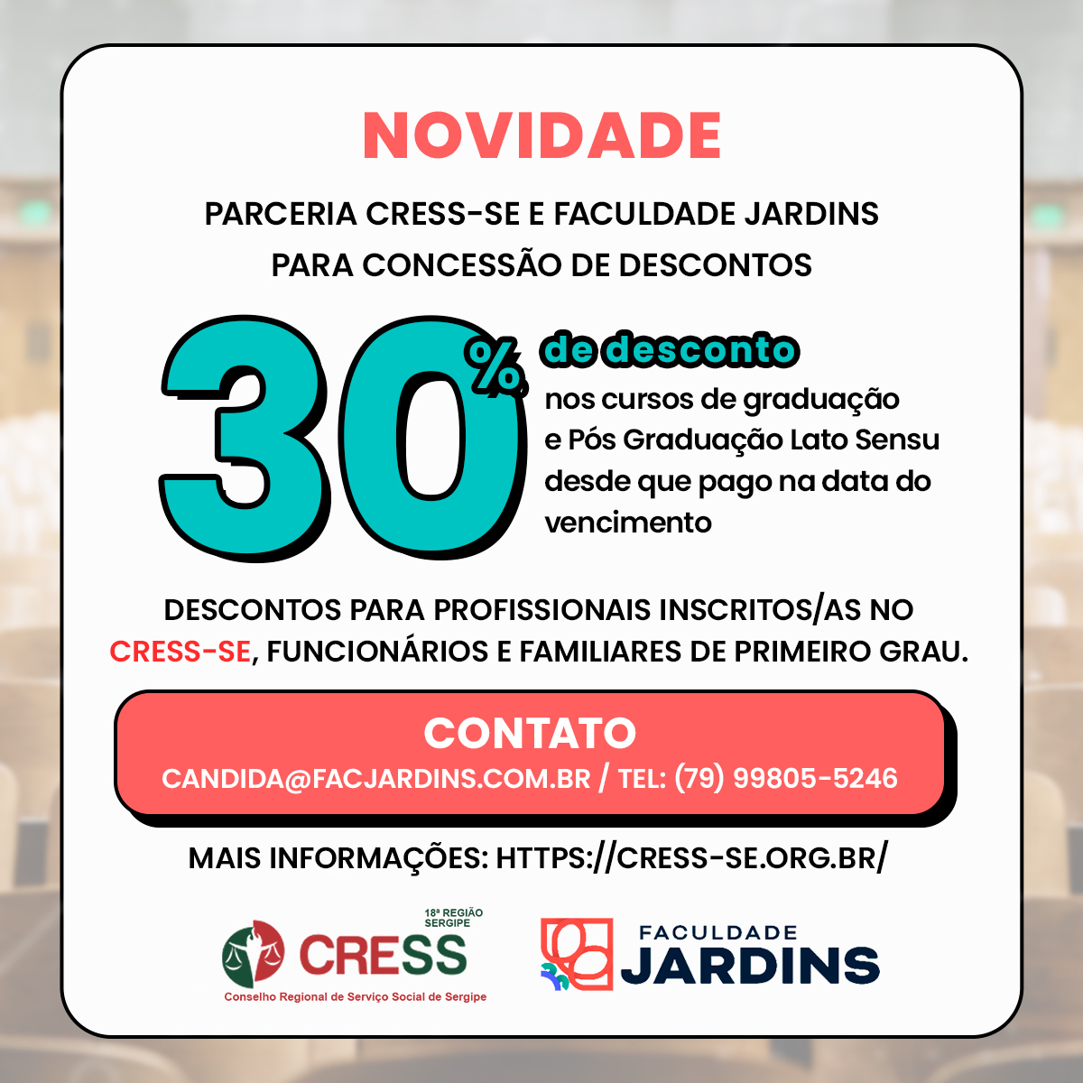 CRESS-SE firma parceria com Faculdade Jardins para concessão de desconto de 30% em cursos de Serviço Social