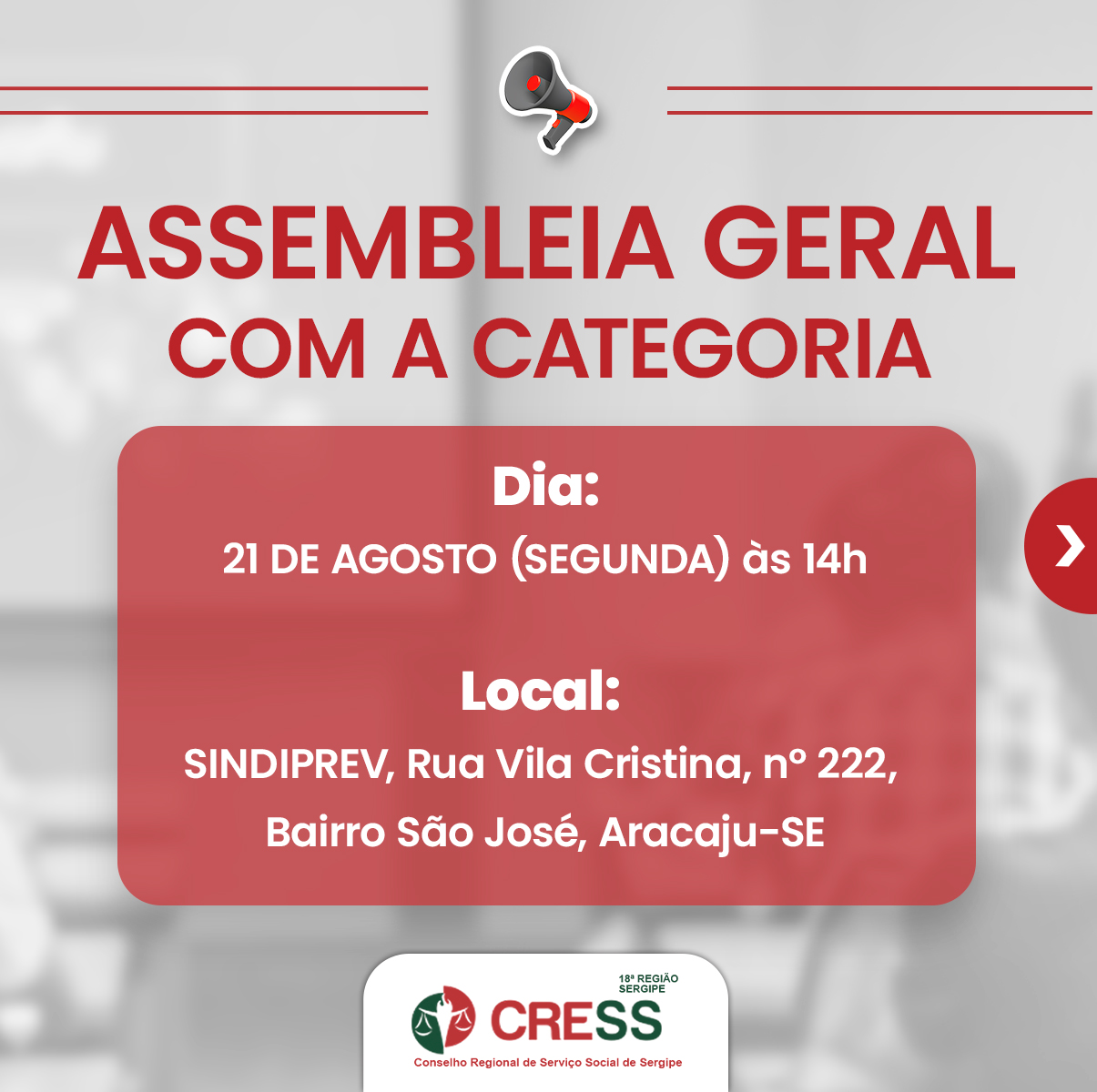 CRESS-SE convoca Assistentes Sociais de Sergipe para participar de Assembleia Geral com a categoria