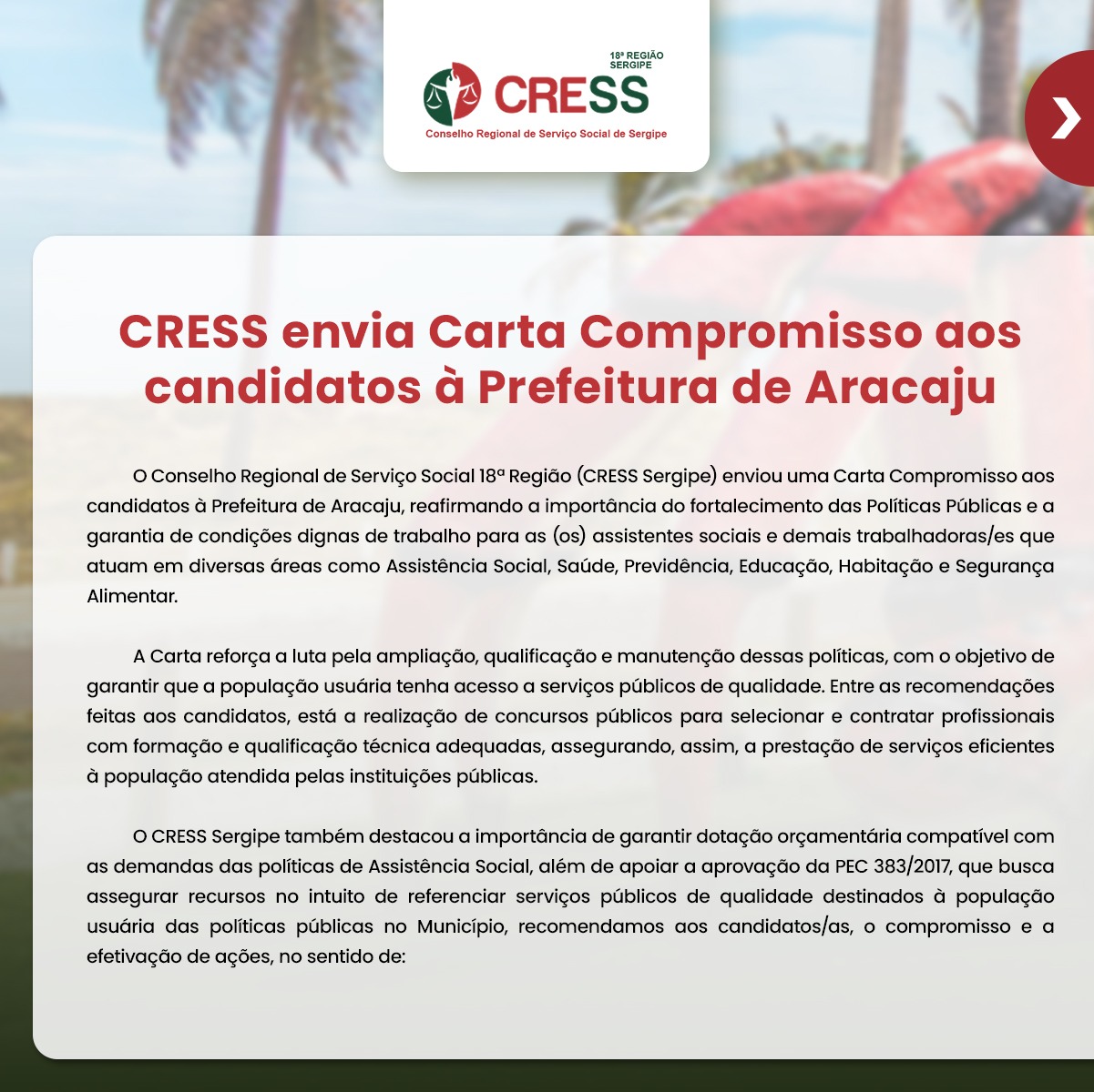 CRESS envia Carta Compromisso aos candidatos à Prefeitura de Aracaju