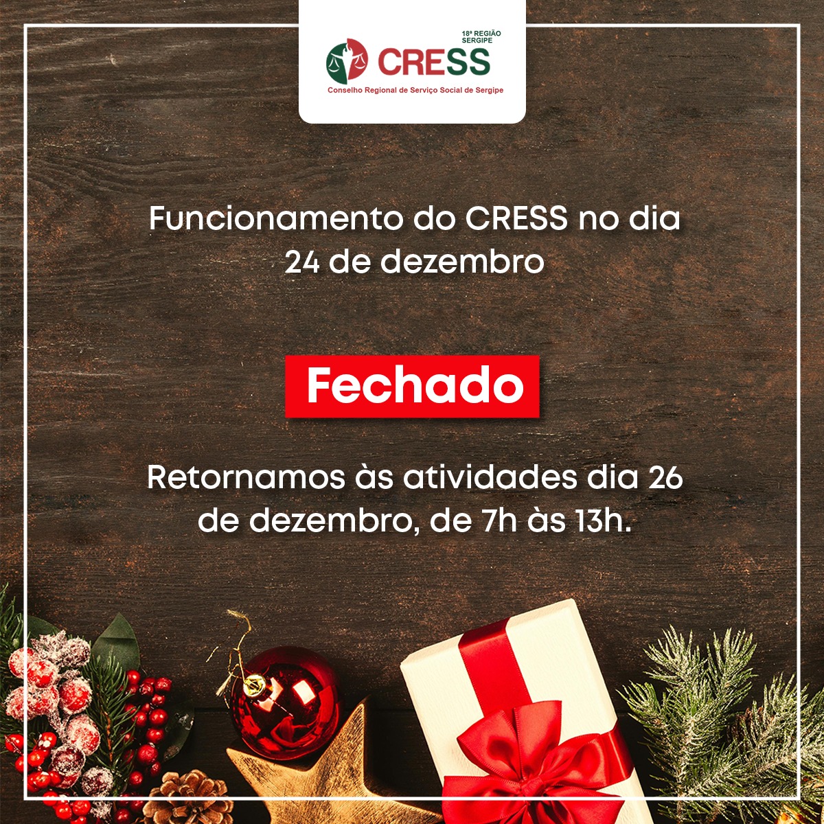 CRESS Sergipe estará fechado no dia 24 de dezembro