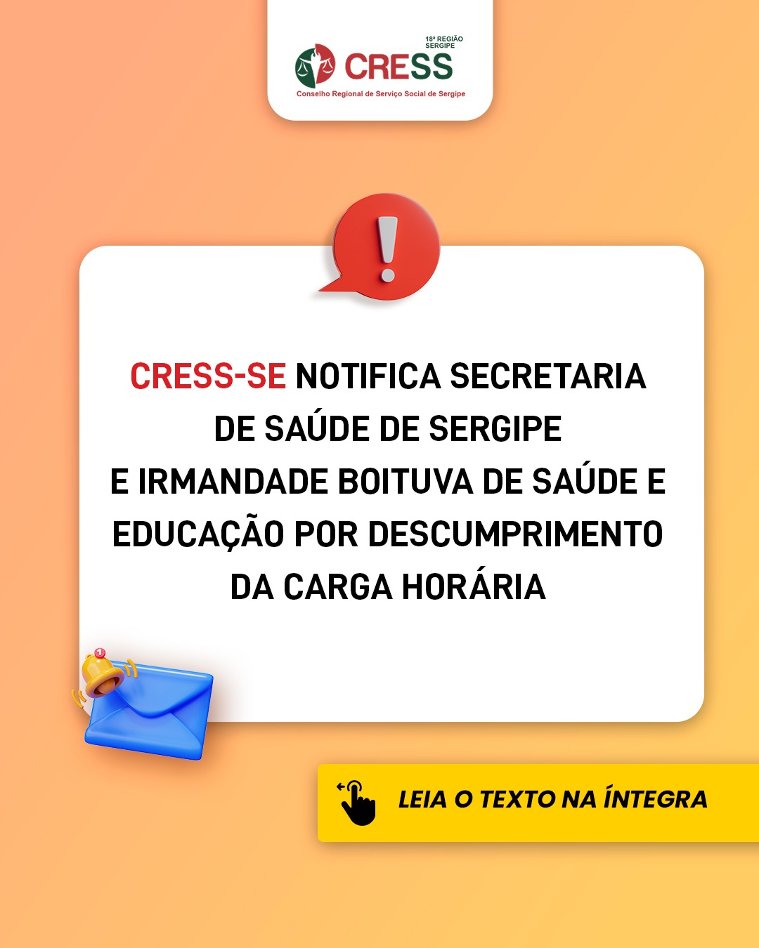 CRESS-SE notifica Secretaria de Saúde de Sergipe e Irmandade Boituva de Saúde e Educação por descumprimento da carga horária