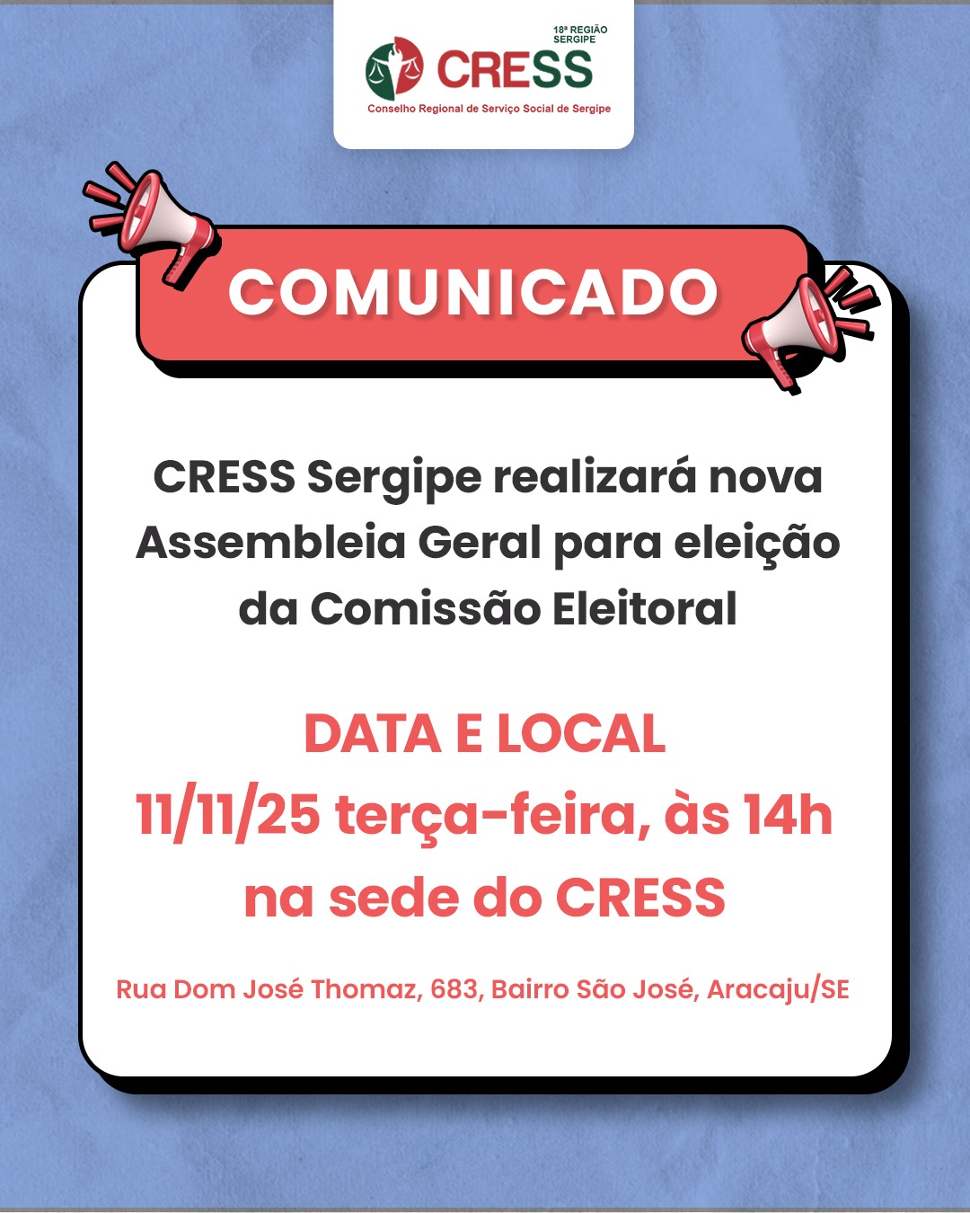 CRESS Sergipe realizará nova Assembleia Geral para eleição da Comissão Eleitoral