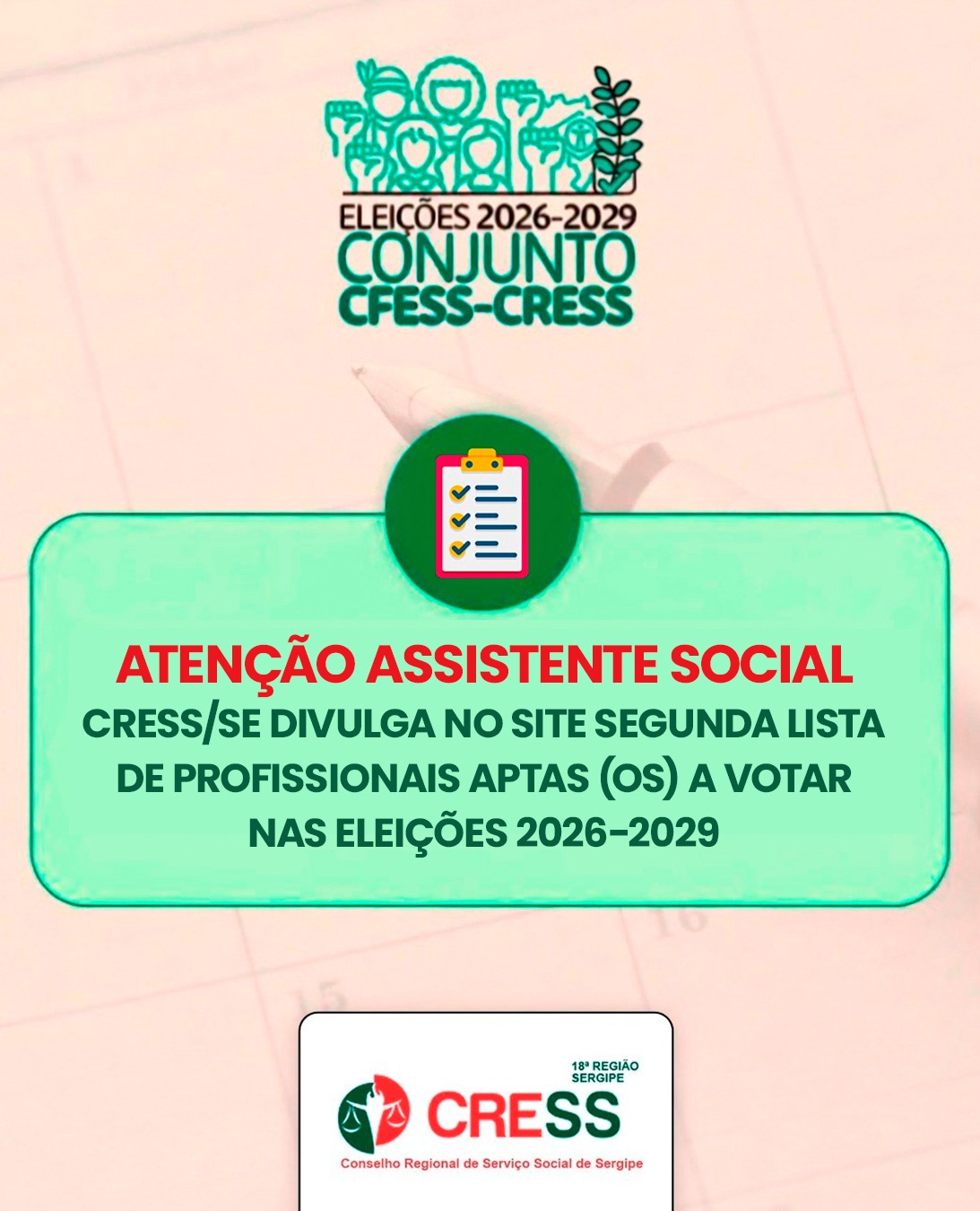 CRESS/SE divulga no site segunda lista de profissionais aptas (os) a votar nas eleições 2026-2029