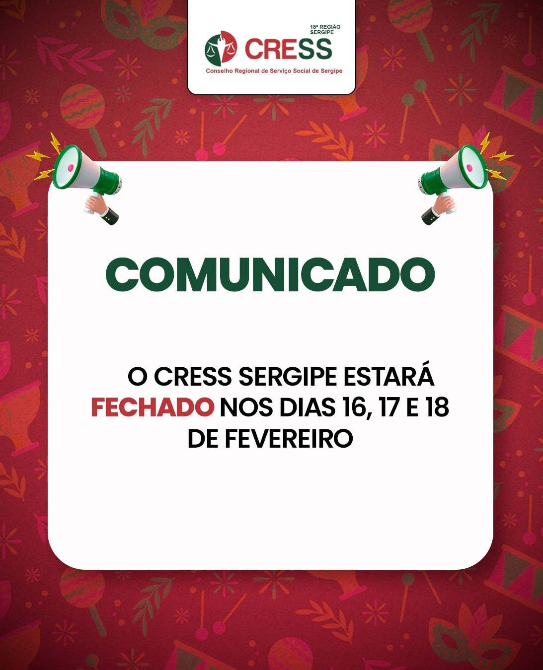 CRESS SE estará fechado nos dias 16, 17 e 18 de fevereiro