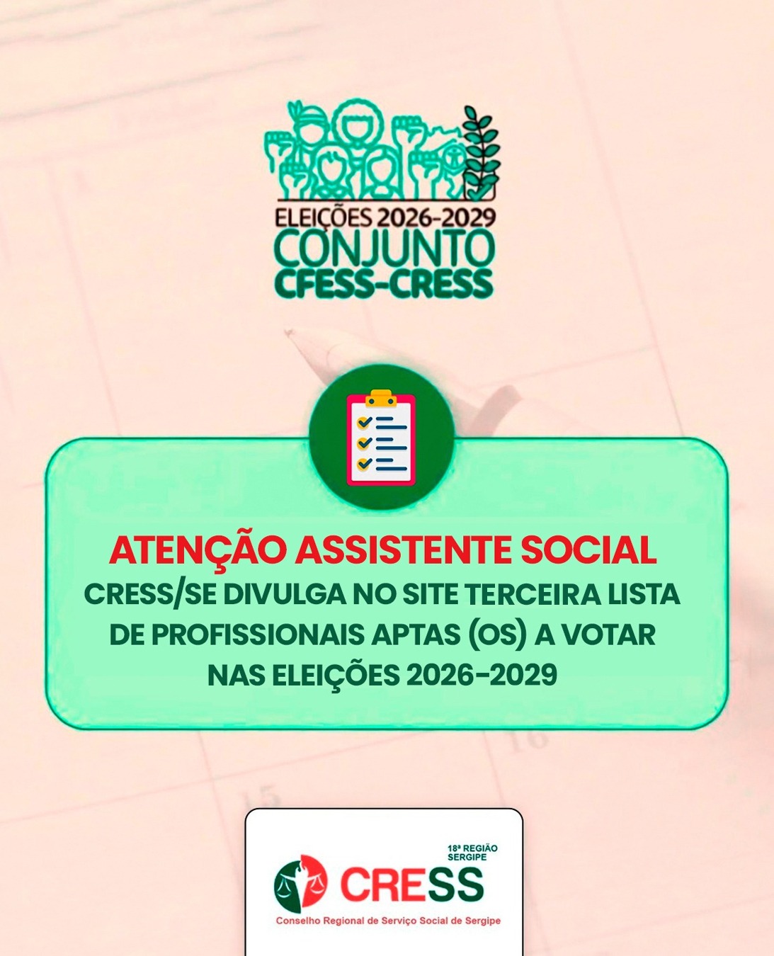 CRESS/SE divulga no site terceira lista de profissionais aptas (os) a votar nas eleições 2026-2029