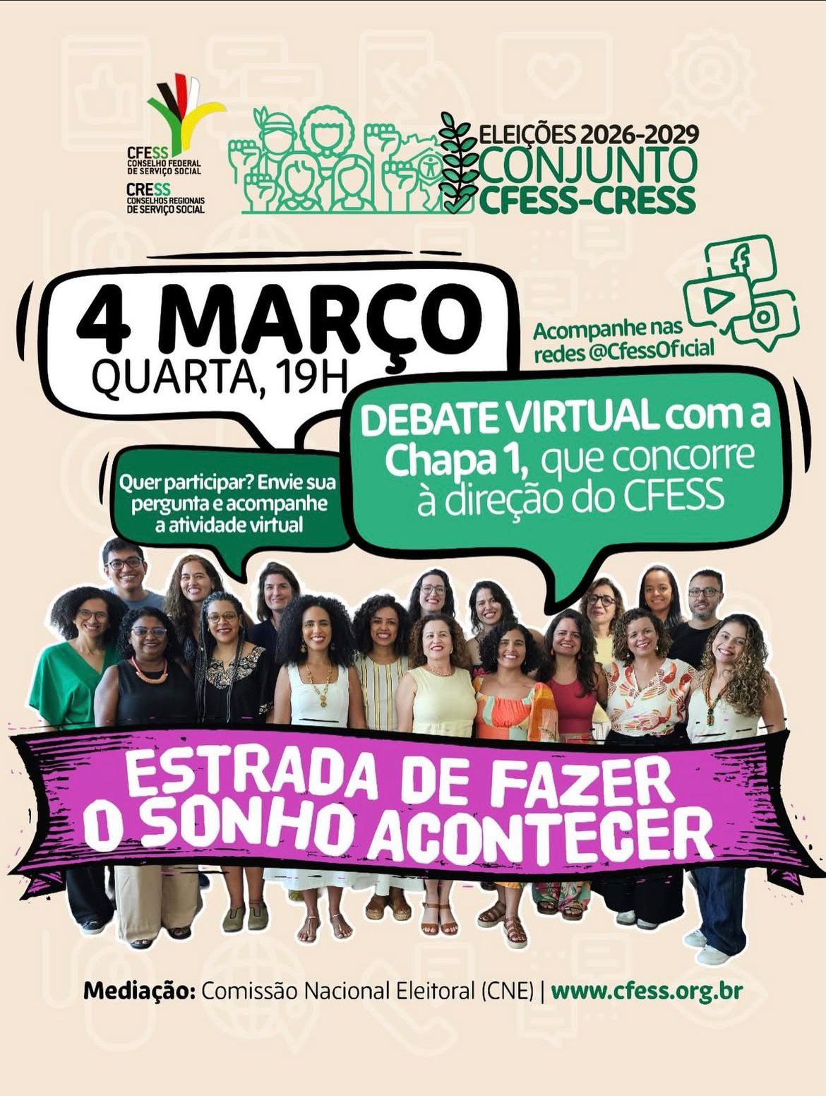 Chapa que concorre às eleições do CFESS responderá perguntas da categoria no dia 4/3 às 19h