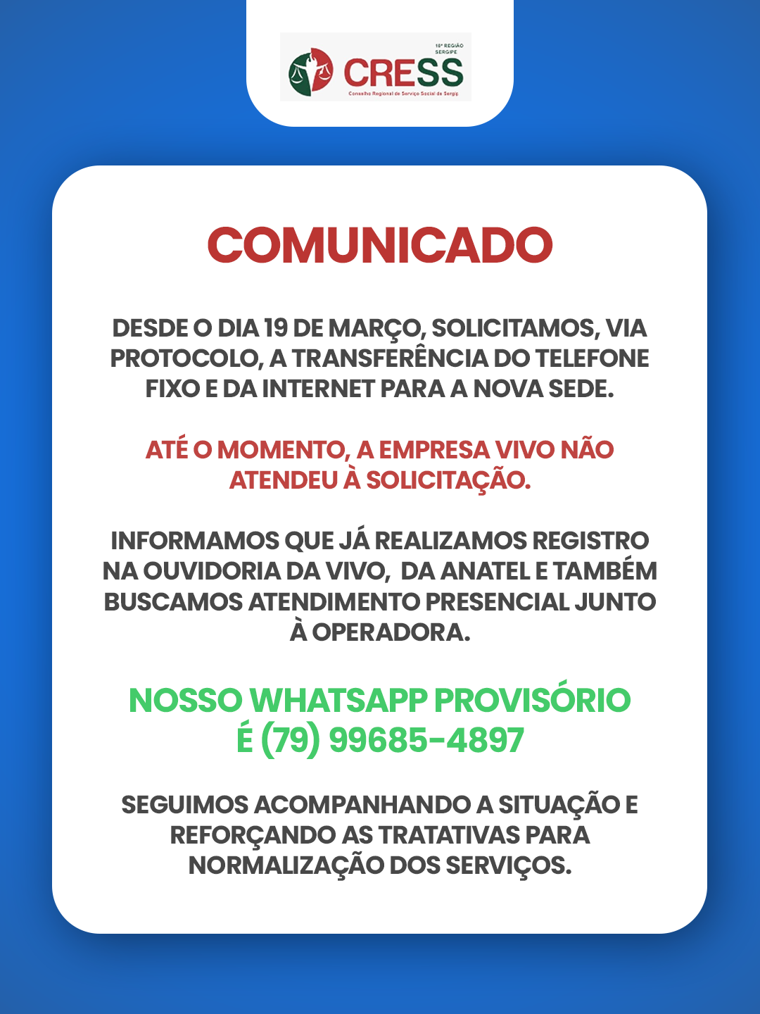 COMUNICADO: TELEFONE E INTERNET