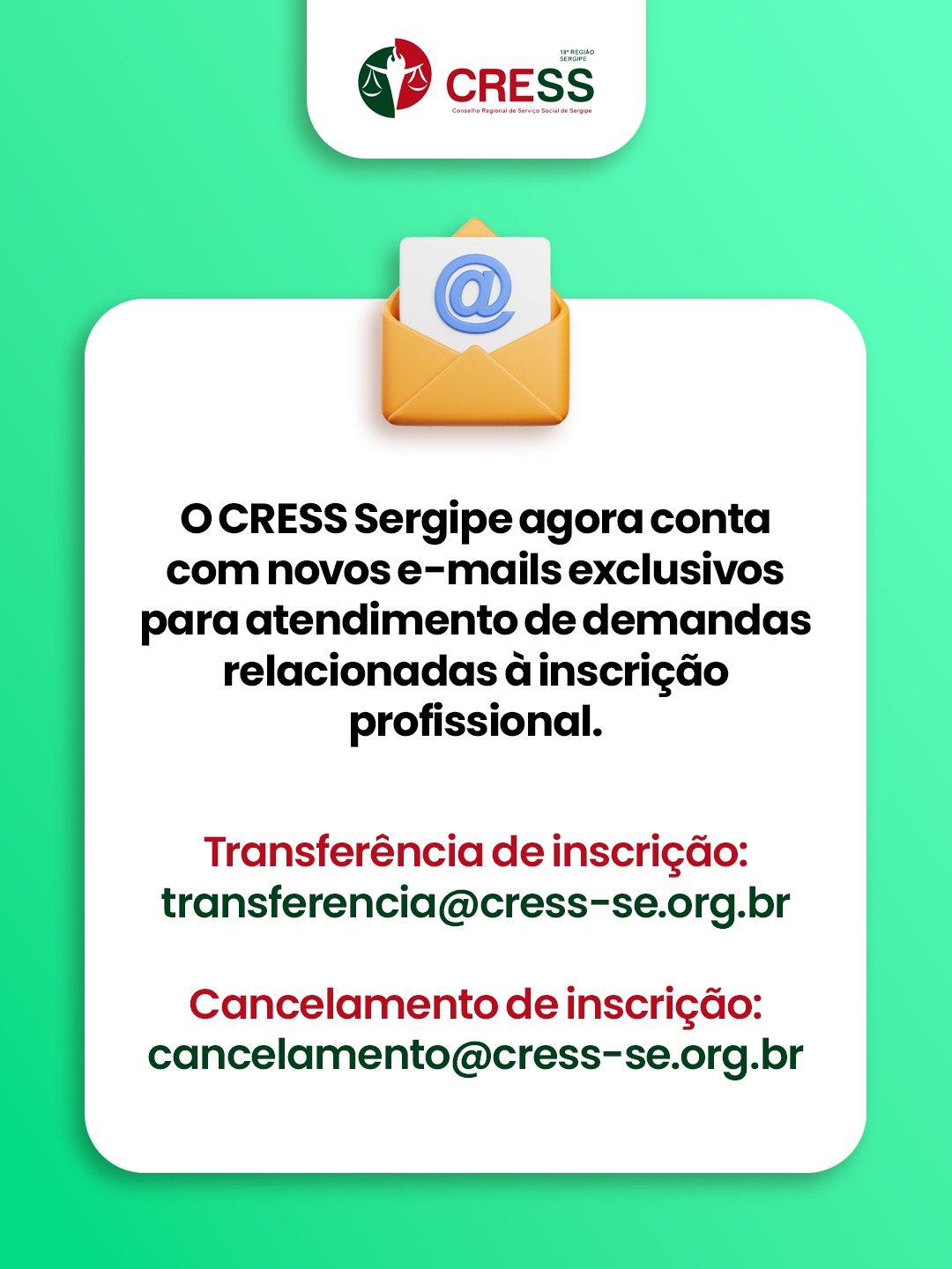 O CRESS Sergipe informa: dois novos e-mails institucionais