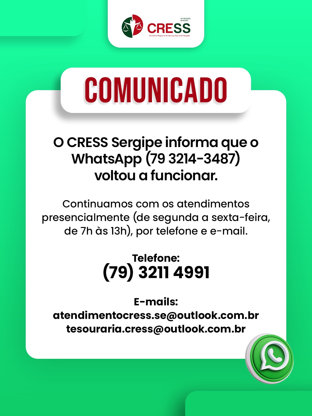 COMUNICADO: o WhatsApp voltou a funcionar