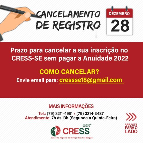 CRESS-SE comunica prazo para cancelamento de registro