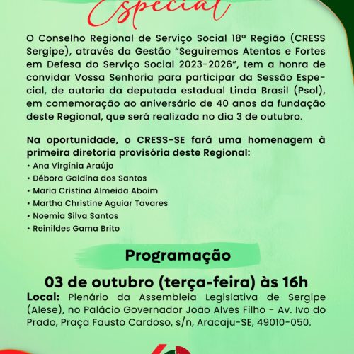 CRESS-SE convida assistentes sociais para homenagem dos 40 anos de fundação do Regional