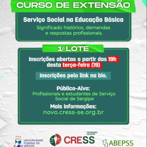 CRESS-SE abre inscrições para “Curso de Extensão: Serviço Social na Educação Básica” nesta terça (19)