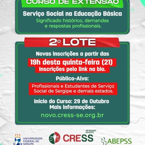 2º LOTE de inscrições para o “Curso de Extensão: Serviço Social na Educação Básica” começa nesta quinta (21)