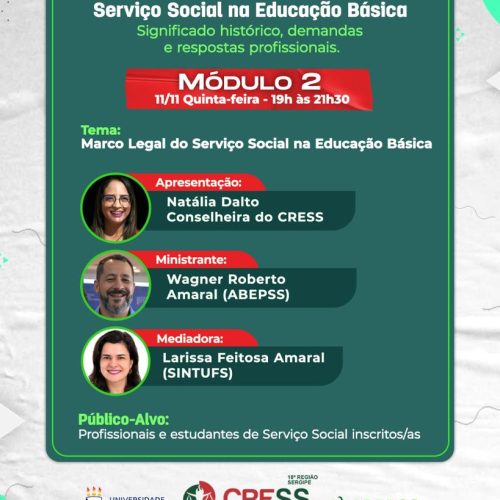 CRESS-SE realiza o 2º módulo do “Curso de Extensão: Serviço Social na Educação Básica” nesta quinta (11)