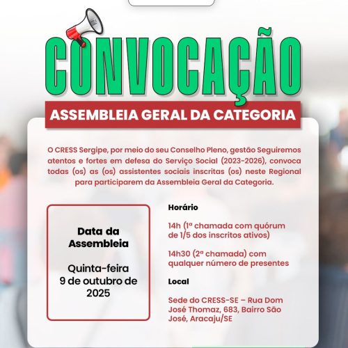 CONVOCAÇÃO: CRESS realizará Assembleia Geral dia 9 de outubro