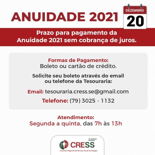 CRESS-SE comunica prazo para pagar ANUIDADE 2021 sem juros