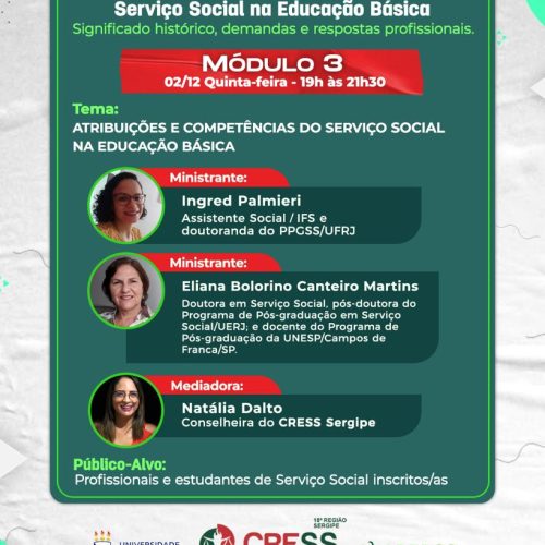 CRESS-SE realiza o 3º módulo do “Curso de Extensão: Serviço Social na Educação Básica” nesta quinta (2)