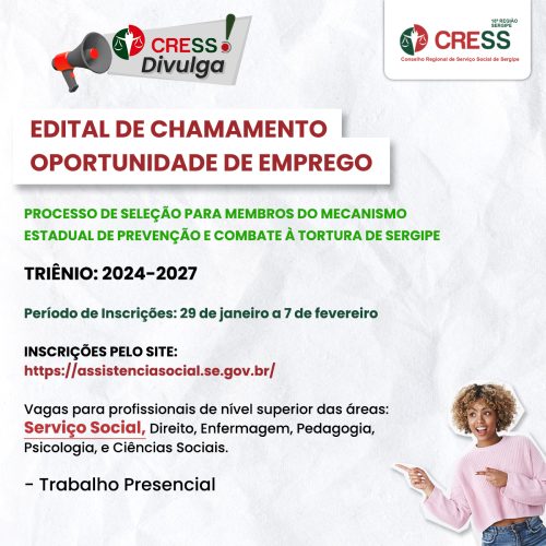 CRESS-SE divulga processo de seleção para membros do Mecanismo Estadual de Prevenção e Combate à Tortura de Sergipe