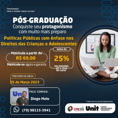 CRESS-SE divulga curso de pós-graduação da Unit com desconto de 5% para inscritos/as neste Regional